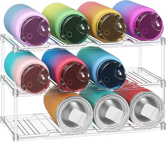 Lifewit Stackable Bottle Storage Organizer, Clear Freestanding Wine Holder for Cabinet, Large Slot Water Bottle Tumbler Cup Organizer for Pantry, Plastic Wine Rack for Fridge Cellar, 3Tier Hold 12