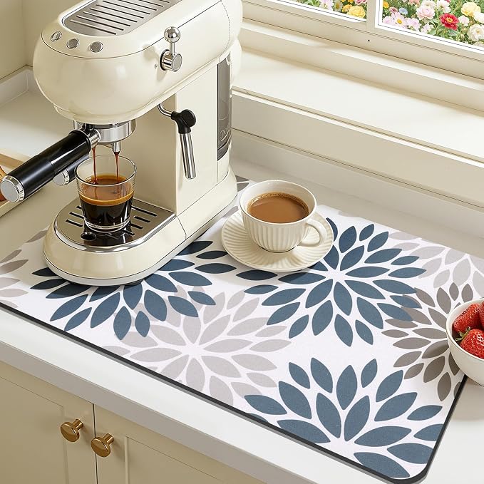 Findosom Floral Dish Drying Mat, 16" x 24" Super Absorbent & Hide Stain Coffee Mat, Cuttable Drying Mat for Kitchen Counter, Under Dish Rack, Coffee Maker, Espresso Machine, Blue
