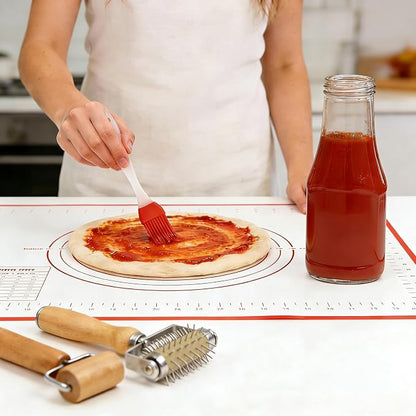 4Pcs Pizza Baking Tool Kit with Dough Docker, Non-Slip Silicone Baking Mat & Wooden Rolling Pin – Essential Tools for Pizza, Pie, Pastry, Bread and Cookies