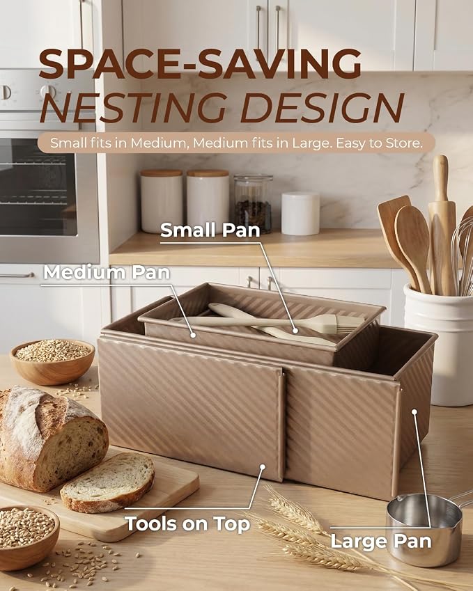CARTMAN 3-Piece Pullman Loaf Pan with Lid Set – Non-Stick Carbon Steel Bread Pan with Bottom Vents – Includes Large (12"), Medium (8") & Mini (7") Sizes plus Silicone Tools – Champagne Gold