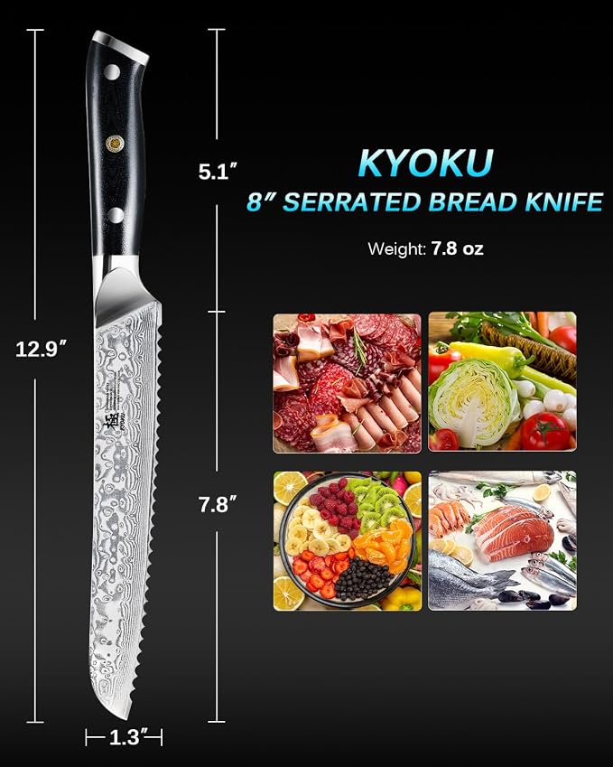 KYOKU 8" Serrated Bread Knife - Gin Series - VG10 Damascus Japanese Style Steel Kitchen Knife with Silver Ion Blade G10 Handle Mosaic Pin, Professional Razor-Sharp Bread Cutting Slicing