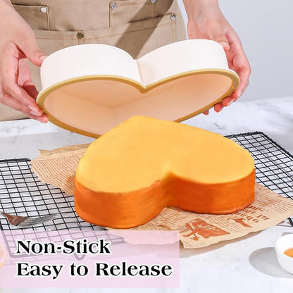 FUNBAKY Metal Reinforced Frame Silicone Heart Shaped Cake Pans - 10 Inch, Nonstick Molds for Cake Pan, Reusable and Easy to Release, Food Grade Silicone for Oven, Dishwasher, Freezer (2 Pack)