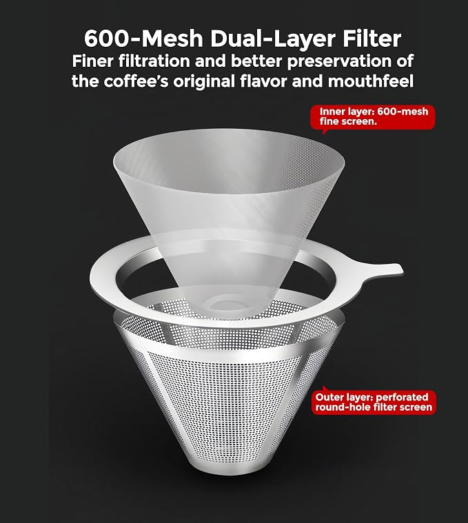 AGOGO Pour Over Coffee Maker Glass - Barista Kit with 304 Stainless Filter for Home, Office, Camping, Cafes - Easy Clean Coffee Dripper Set (Soft Towel&Brush) (34oz Slim Shape w/SS Filter)