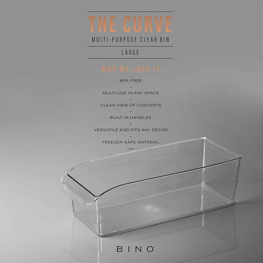 BINO | Plastic Storage Bins, Large | THE CURVE COLLECTION | Multi-Use Fridge / Freezer Organizer | Built-In Handle | BPA-Free | Pantry and Home Organization