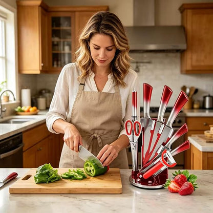 Professional 9-Piece Kitchen Knife Set with Acrylic Block - Non Stick Sharp Stainless Steel Chef Knives with Sharpener,Gift for Home Kitchen Women