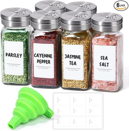 ComSaf Spice Jars with Shaker lids Adjustable, 4oz 6PCS, 9 DIY Labels, Spice Jars Trial Set & Supplement Set, Empty Ingredient Containers and Square Ingredient Bottles for Kitchen and Seasoning