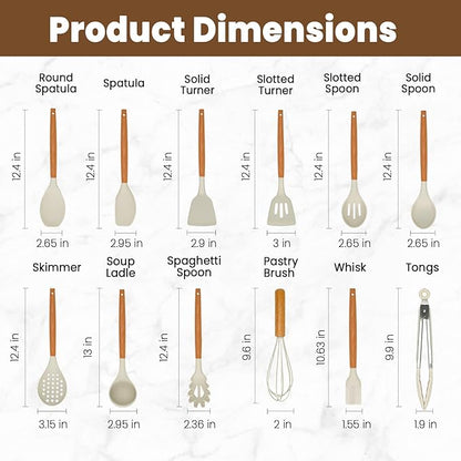 Kitchen Utensils Set - 12 Pcs Silicone Cooking Utensils Set with Wooden Handle - Heat Resistant Non-Stick BPA Free Spatula Set,Turner, Spoon, Brush, Silicone Kitchen Gadgets Utensil Set