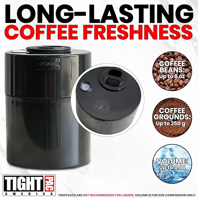 COFFEEVAC Pump It Out Airtight Coffee Container – Vacuum Storage Container for Ground Coffee Beans – Patented Vacuum Seal with Degassing Valve, 1/2 lb, Black