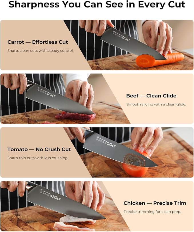 OOU 8 Inch Chef Knife, German 1.4116 Stainless Steel Kitchen Knife, Gunmetal Blade with AgShield & TinSharp Finish, Balanced ABS Handle, Sharp Cooking Knife for Meat, Vegetables and Daily Prep