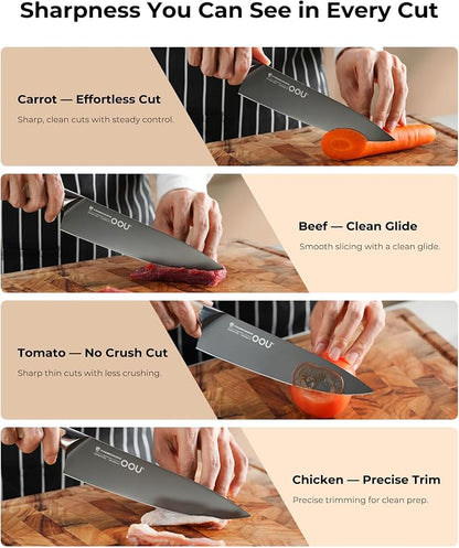 OOU 8 Inch Chef Knife, German 1.4116 Stainless Steel Kitchen Knife, Gunmetal Blade with AgShield & TinSharp Finish, Balanced ABS Handle, Sharp Cooking Knife for Meat, Vegetables and Daily Prep
