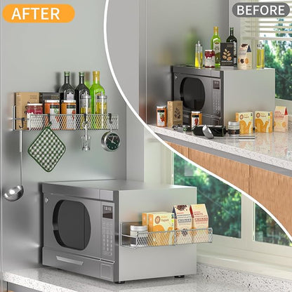 Magnetic Spice Rack for Refrigerator, 2 Pack Metal Magnetic Shelf Grey, Moveable Spice Organizer with Hooks, Super Magnetic Fridge Shelf for Kitchen Organization and Storage