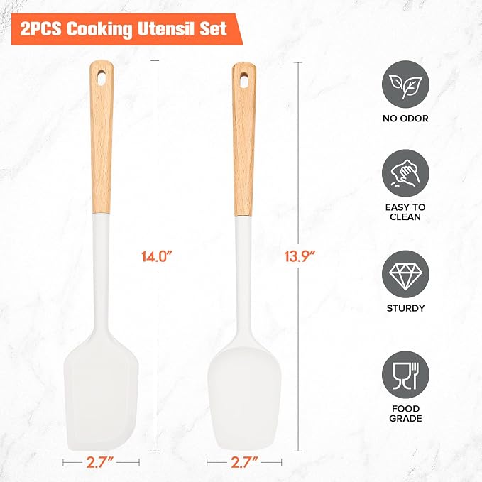 Large Silicone Rubber Spatula Scrapers 14" with Long Wood Handle, Heat Resistant, Essential Baking Tools for Mixing, Stirring, Scraping, Spreading for Nonstick Cookwares, Pack of 2 (White)