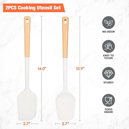 Large Silicone Rubber Spatula Scrapers 14" with Long Wood Handle, Heat Resistant, Essential Baking Tools for Mixing, Stirring, Scraping, Spreading for Nonstick Cookwares, Pack of 2 (White)
