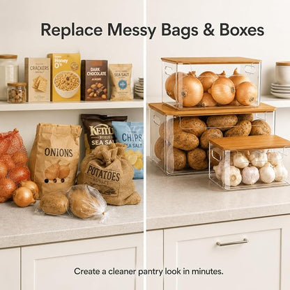 3 Pack Pantry Organizers and Storage Bins with Bamboo Lids,Trash Bag Holder | Stackable Containers for Potato,Onion,Fruit,Vegetable,Clear Dispenser for Kitchen Countertop,Cabinet and Under Sink