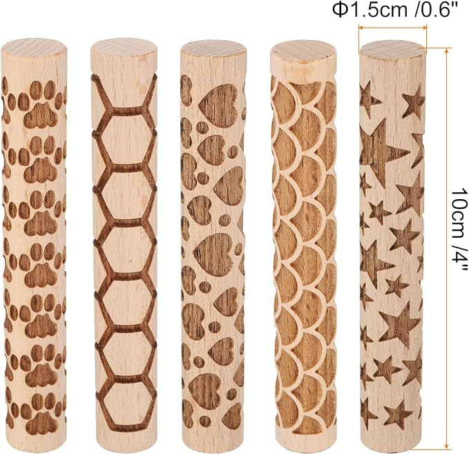 HARFINGTON 5pcs Wood Clay Roller 4" Paw Print Pattern Rolling Pins Wood Rollers Pottery Tools Wood Grain Texture Rollers for Clay Baking Dough Playdough DIY