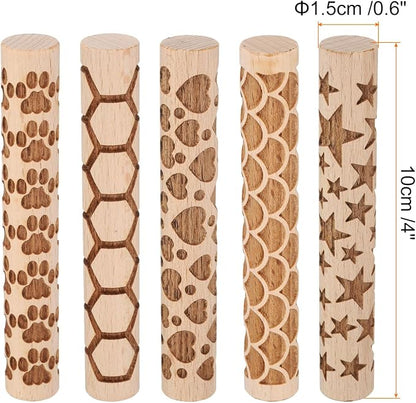 HARFINGTON 5pcs Wood Clay Roller 4" Paw Print Pattern Rolling Pins Wood Rollers Pottery Tools Wood Grain Texture Rollers for Clay Baking Dough Playdough DIY