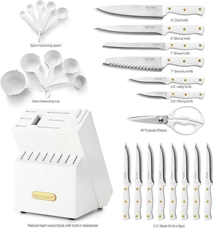 McCook® Knife Sets, White High Carbon Stainless Steel Kitchen Knife Sets with with Built-in Sharpener, 26-Piece Razor-Sharp Kitchen Knives with Ergonomic Handles, Elegant Box for Gift, White