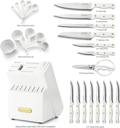 McCook® Knife Sets, White High Carbon Stainless Steel Kitchen Knife Sets with with Built-in Sharpener, 26-Piece Razor-Sharp Kitchen Knives with Ergonomic Handles, Elegant Box for Gift, White