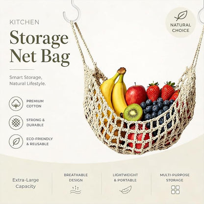 Hanging Fruit Hammock Under Cabinet with 4 Hooks - Macrame Boho Fruit Basket for Kitchen, Produce Net Storage to Save Counter Space, Ideal for Banana, Vegetable, Home, RV, Camper (Beige)