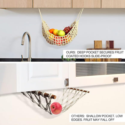 Fruit Hammock for Kitchen Under Cabinet,Large Macrame Fruit Hammock for Kitchen Décor,Storage That Saves Counter For More Counter Space at Home, Boat, or Rv,with 4 Hooks.(nature)