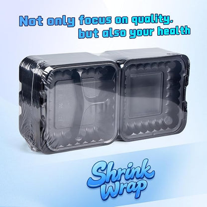 YANGRUI 65-Pack 30oz Black Takeout Containers - Shrink Wrapped No Pre-Wash | 3-Compartment Heavy Duty Mineral Filled PP, Microwave & Freezer Safe | Leak-Resistant Clamshell for Leftovers & Meal Prep