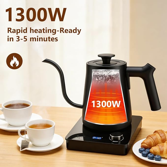 Electric Gooseneck Kettle Black with Digit LED Display and Dial Control, Pour Over Kettle for Coffee & Tea, Hot Water Boiler, Stainless Steel Inner Lid & Bottom, 1300W, 0.8L