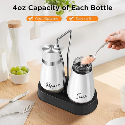 Salt and Pepper Shakers, Farmhouse Salt and Pepper Shakers Set with Holder, electroplated Handle, 4 oz Stainless Steel Glass Bottle Dispenser, for Table, RV, Camp, BBQ (White)