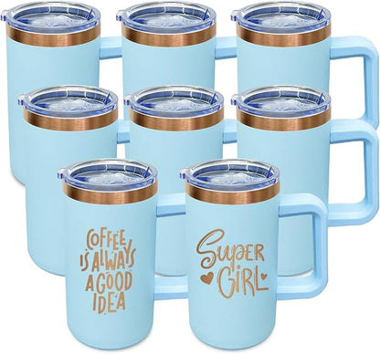 20 oz Insulated Coffee Mug with Lid, Stainless Steel Coffee Tumbler Bulk, Double Wall Vacuum Travel Mug with Handle, Leakproof Powder Coated Coffee Cups for Hot and Cold Drinks (Sky Blue,8 pack)