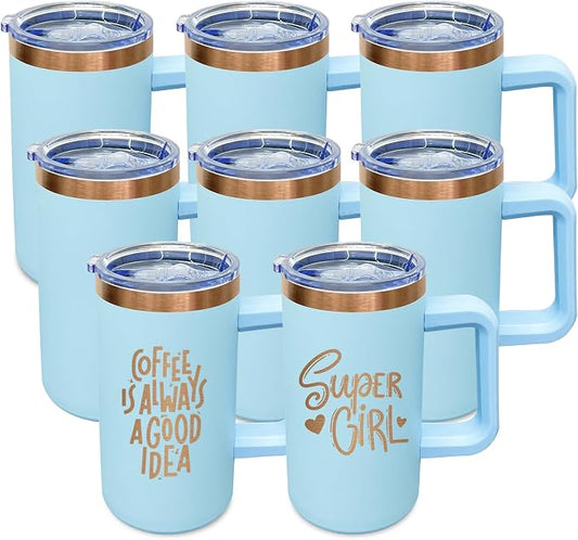 20 oz Insulated Coffee Mug with Lid, Stainless Steel Coffee Tumbler Bulk, Double Wall Vacuum Travel Mug with Handle, Leakproof Powder Coated Coffee Cups for Hot and Cold Drinks (Sky Blue,8 pack)