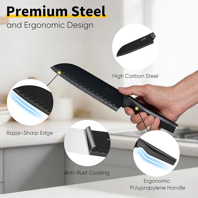 E-far Knife Set, 15-Piece Kitchen Knife Block Set with Sharpener, High Carbon Steel Chef Paring Steak Knives with Ergonomic Non-Slip Handle, Anti-Rust & Razor Sharp, Black