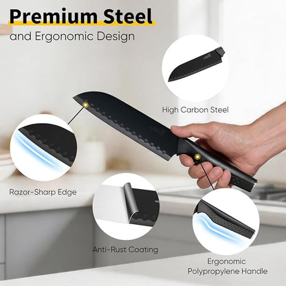 E-far Knife Set, 15-Piece Kitchen Knife Block Set with Sharpener, High Carbon Steel Chef Paring Steak Knives with Ergonomic Non-Slip Handle, Anti-Rust & Razor Sharp, Black
