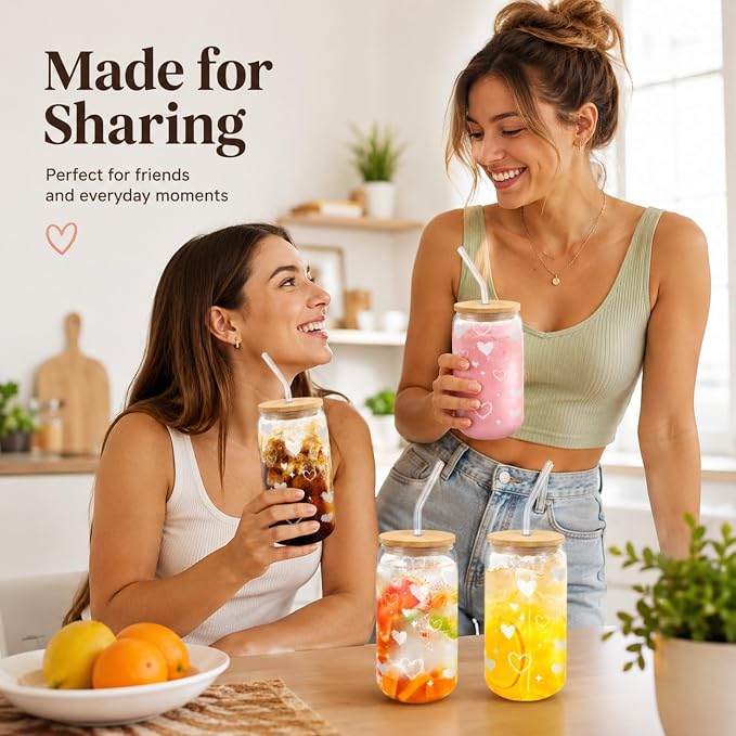 Glass Cups with Lids and Straws with Heart Design, 4 Pack 16 oz Cute Glass Iced Coffee Cups for Friends, Couples, Tea and Juice