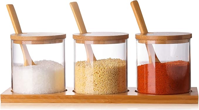 FANTESTICRYAN 3 PCS Stylish Simple Condiment Canisters Pots Set, Decorative Storage Seasoning Glass Container Box with Bamboo Spoon Lid and Base for Home Kitchen café Storing Salt Sugar Pepper Spice