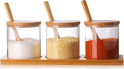 FANTESTICRYAN 3 PCS Stylish Simple Condiment Canisters Pots Set, Decorative Storage Seasoning Glass Container Box with Bamboo Spoon Lid and Base for Home Kitchen café Storing Salt Sugar Pepper Spice