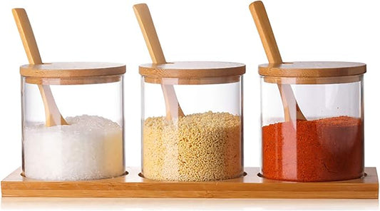 FANTESTICRYAN 3 PCS Stylish Simple Condiment Canisters Pots Set, Decorative Storage Seasoning Glass Container Box with Bamboo Spoon Lid and Base for Home Kitchen café Storing Salt Sugar Pepper Spice