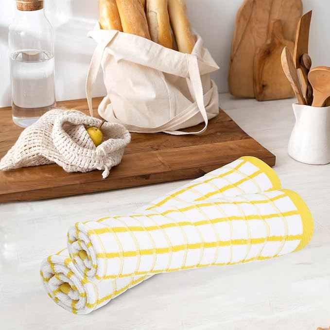 Urban Villa Kitchen Towels Yellow/White Set of 3 Terry Kitchen Towels 100% Cotton Ultra Soft Size 20X30 Inches Highly Absorbent Over Sized KitchenTowels with Hanging Loop KitchenTowels