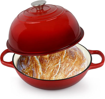 6QT Bread Dutch Oven Pot with Lid, Enameled Cast Iron Dutch Oven for Sourdough Bread Baking, Roasting, Stewing and Soup, Non-Stick Enamel Cookware for Oven/Stovetop, Perfect for Homemade Bread, Red