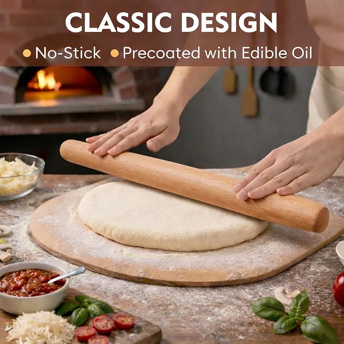 17.1 Inch French Rolling Pin – Smooth One-Piece Wooden Dough Roller for Baking, Cookies, Pizza Dough & Pastry
