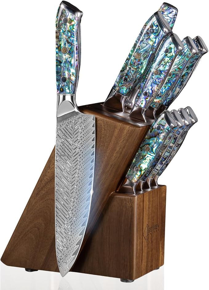 SENKEN 11-Piece Damascus Knife Block Set with Abalone Shell Handle - "Umi" Collection Japanese Chef Knife Set - 67-Layer Japanese VG10 Steel, Chef's Knife, Santoku, Paring, 4 Steak Knives & More