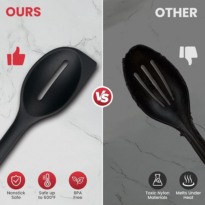 Silicone Spoons for Cooking, 600°F Heat Resistant Cooking Spoon with Solid & Slotted Spoon for Mixing, Serving, Stirring, Scraping, BPA Free Silicone Kitchen Utensil Set, Dishwasher Safe (2Pcs, Black)
