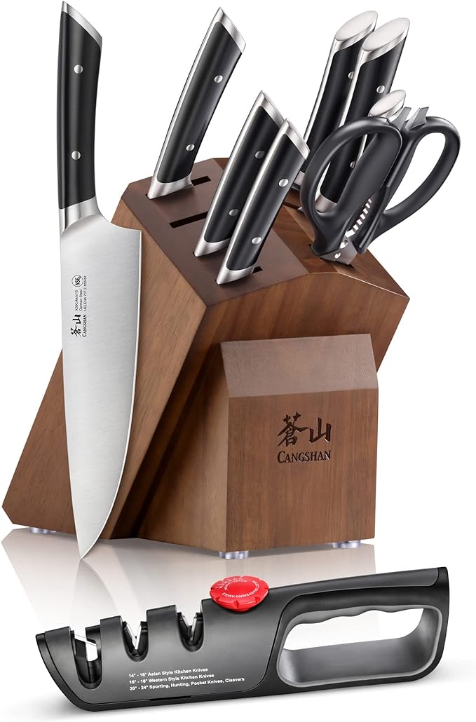 Cangshan HELENA Series 10-Piece German Steel Forged Knife Block Set, Black, Full Tang Kitchen Knife Set with Acacia Wood Block and Sharpener