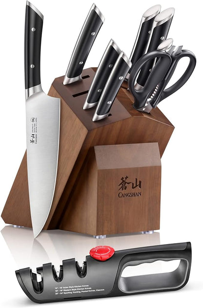 Cangshan HELENA Series 10-Piece German Steel Forged Knife Block Set, Black, Full Tang Kitchen Knife Set with Acacia Wood Block and Sharpener
