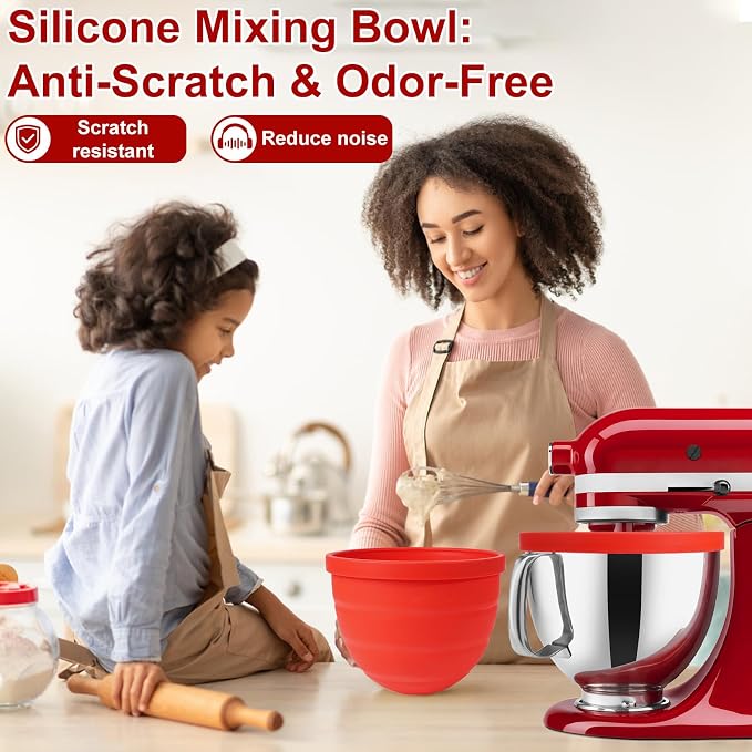 Silicone Bowl Liners Compatible with KitchenAid 4.5 & 5 Qt Tilt-Head Stand Mixer, 3 Pack Bowl Inserts with Lids, Food-Grade BPA-Free Nonstick Reusable Mixer Bowl Liners