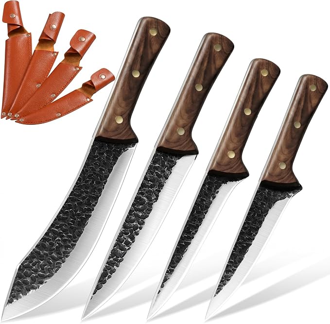 MDHAND Butcher Knife Set, Ultra Sharp Hand Forged Meat Cleaver & Brisket Knives & Boning Knife Set With Leather Sheath, High Carbon Steel Kitchen Knife Set for Outdoor & BBQ, Gifts for Men Women