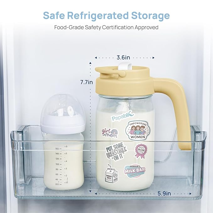 Papablic Glass Breastmilk Pitcher, Formula Mixing Pitcher with Mixing Handle Lid, Wide Mouth Mason Jar Mixer with Flip Locking Spout, Easy to Clean, BPA Free, Yellow