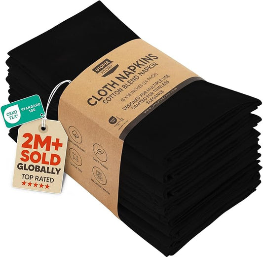Utopia Kitchen Black Cloth Napkins [24 Pack, 18x18 Inch] Absorbent Cotton Blend Washable and Reusable for Dinner, Restaurant, Lunch, Wedding and Hotel