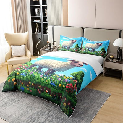 Cute Sheep 100% Cotton Bedding Set Pixel Style Farm Animals Comforter Cover Set for Kids Teens Bedroom Decor Colorful Floral Geometric Games Duvet Cover (No Comforter) Full Size 3 PCS