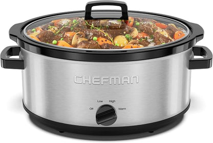 Chefman Slow Cooker 7 Quart, Large Family Size Slow Cooker with Low, High & Warm Settings, Removable Ceramic Crock, Tempered Glass Lid, Dishwasher-Safe for Easy Cleanup, Stainless Steel