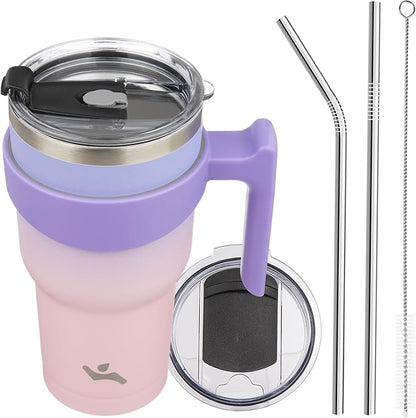 Konokyo 30 oz Tumbler with Handle and 2 Straw 2 Lid, Insulated Water Bottle Stainless Steel Vacuum Cup Reusable Travel Mug,Pastel Sunset