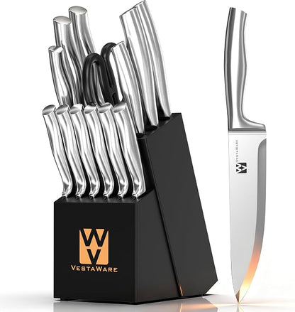 Knife Block Set, Razor-Sharp Kitchen Knife Set, Stainless Steel Knife Set with Block, 14 Pieces Knives Set for Kitchen, Black Chef Knife Sets, Dishwasher Safe, Gifts for Men